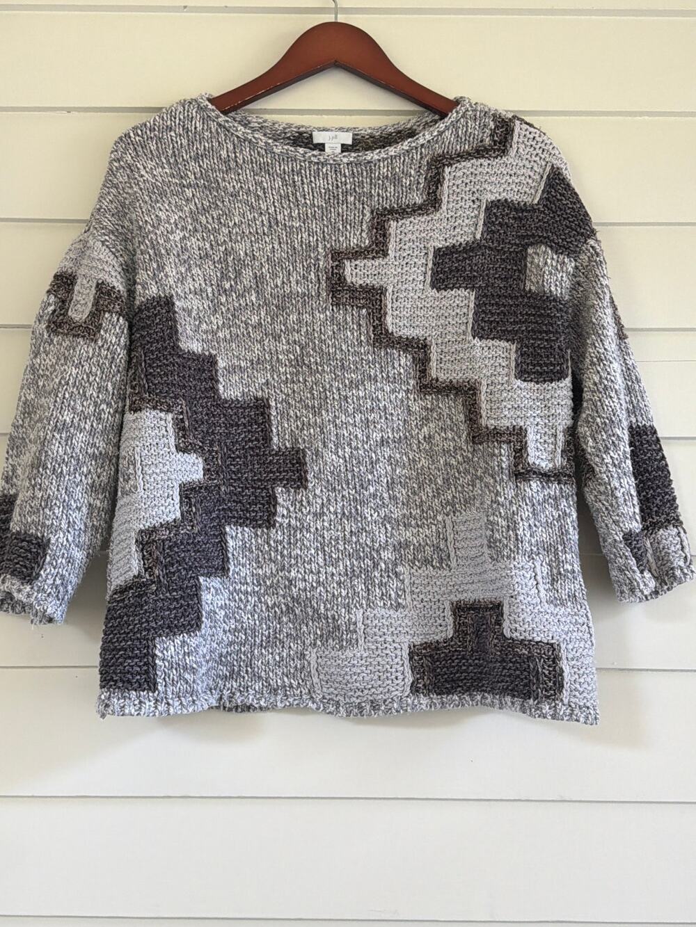 Western Boho Gray Roll Neck Sweater XS S Cotton Blend Southwest Boxy Chunky Knit